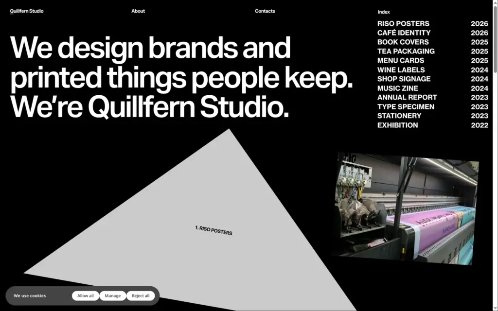 Published home page with a Readymag cookie banner in the bottom left corner