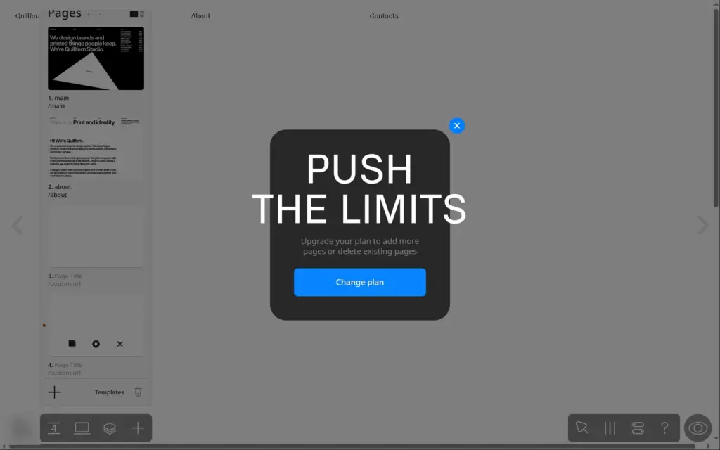 Upgrade dialog Push the limits, upgrade your plan to add more pages or delete existing pages