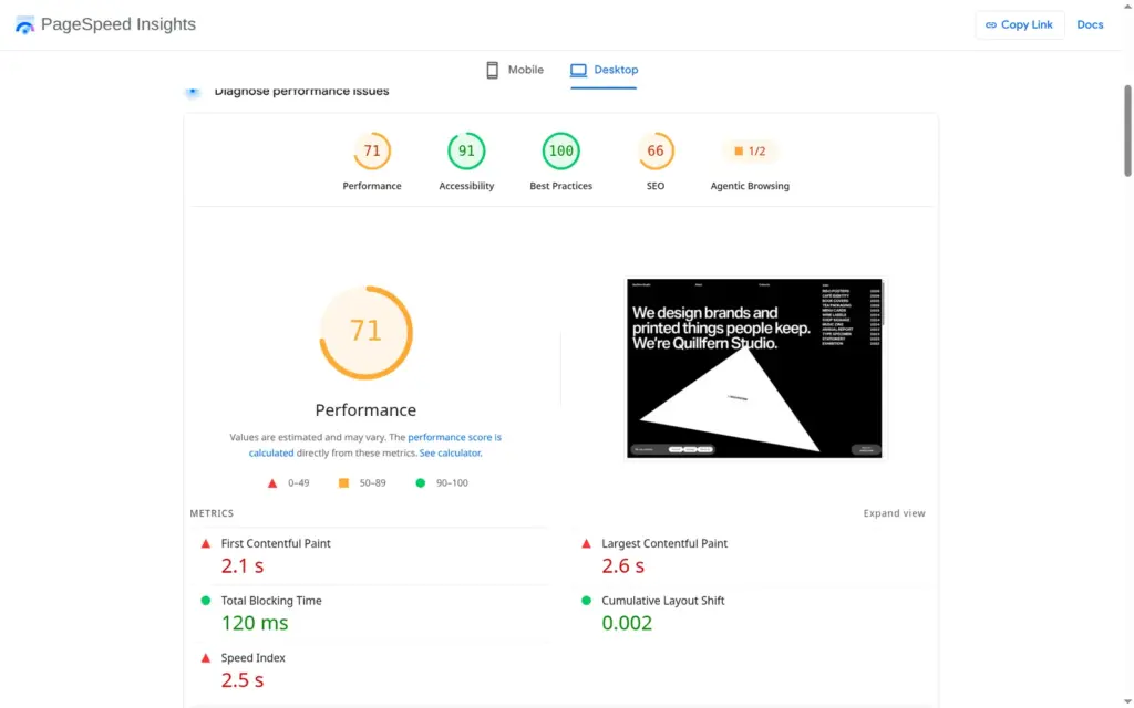 PageSpeed Insights desktop result with a performance score of 71