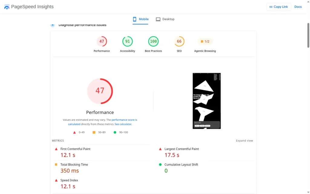 PageSpeed Insights mobile result with a performance score of 47