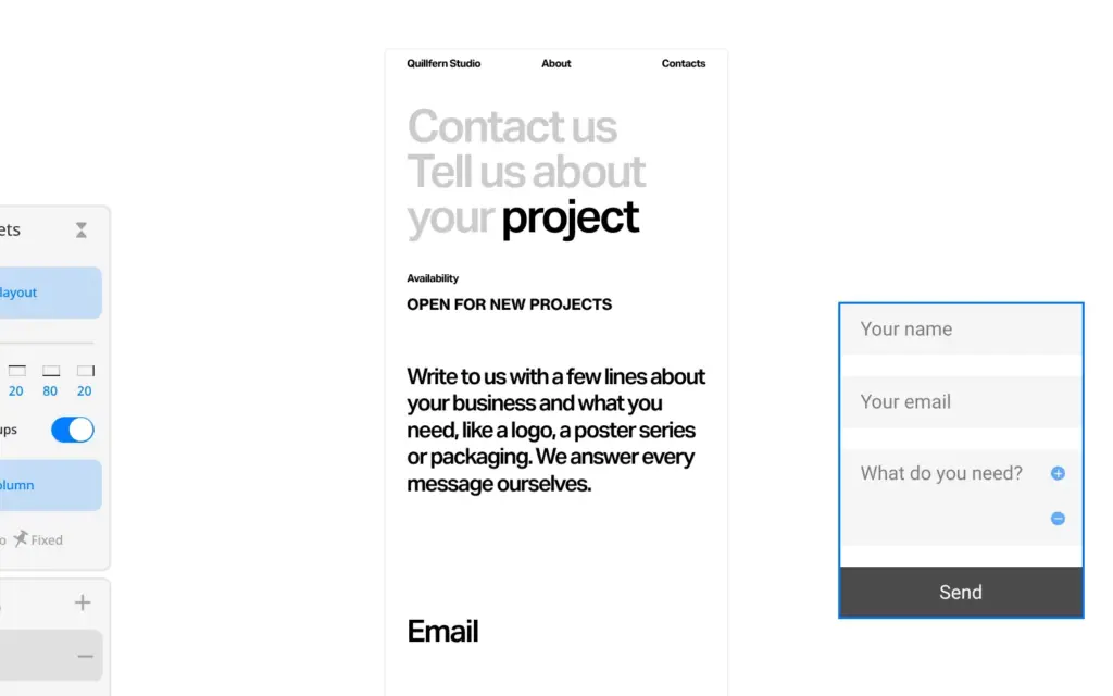 Phone layout of the contact page with the form placed outside the page