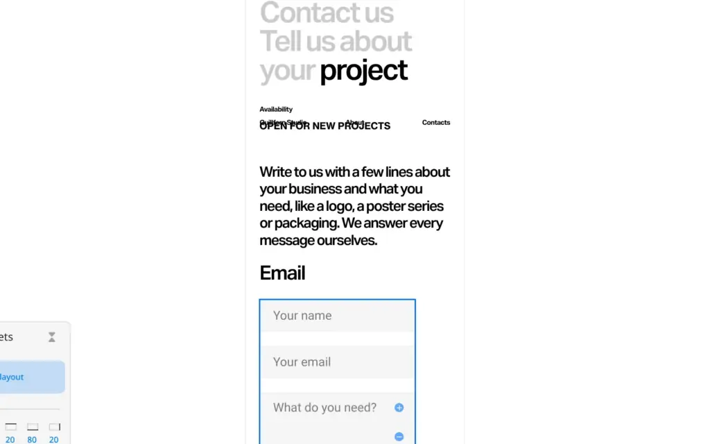 Phone layout of the contact page with the form under the text