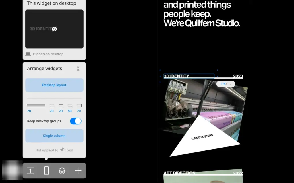 Phone layout with a project title selected and a panel saying the widget is hidden on desktop