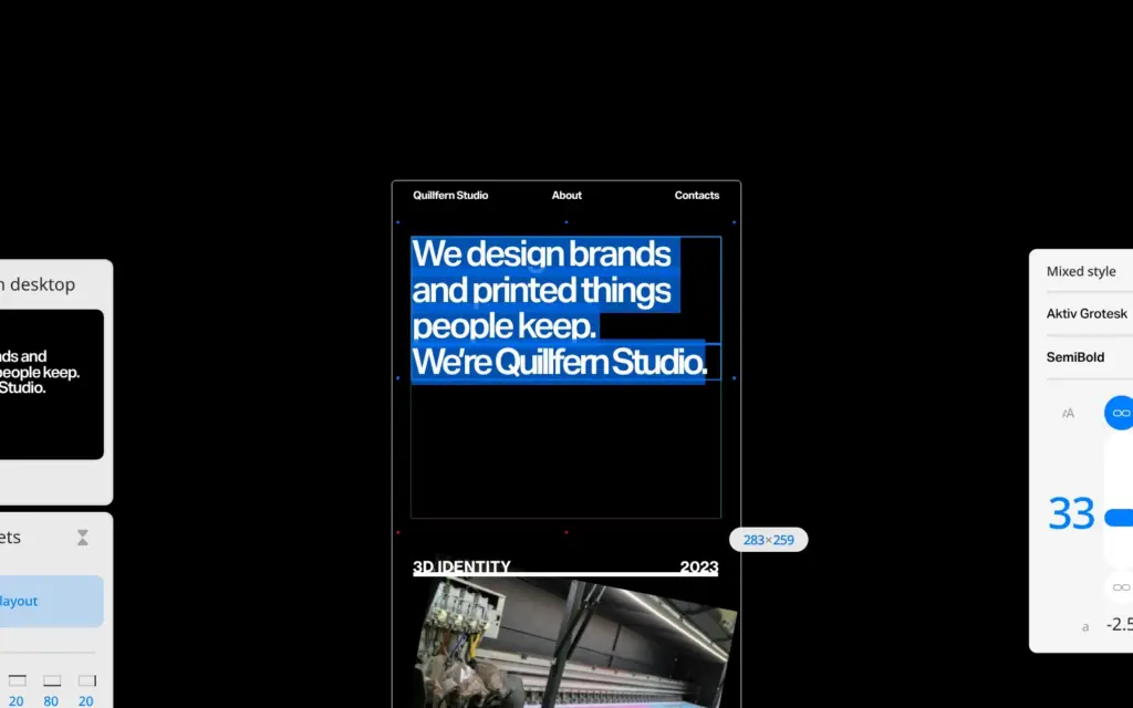 Typography panel with size 33 for the selected headline in the phone layout