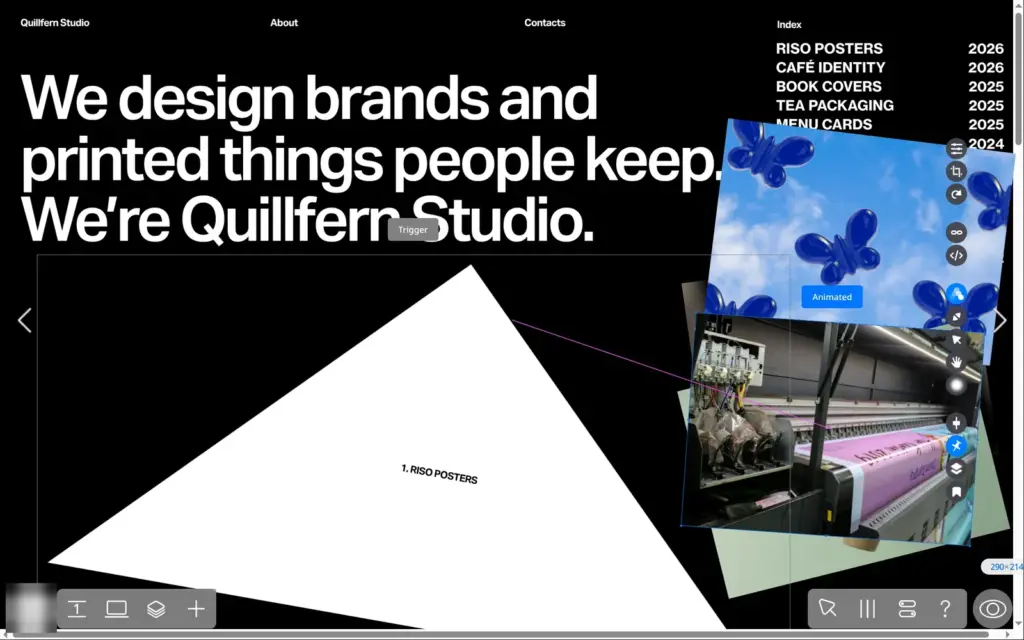 Readymag editor with a printing press photo in a tilted frame on the home page
