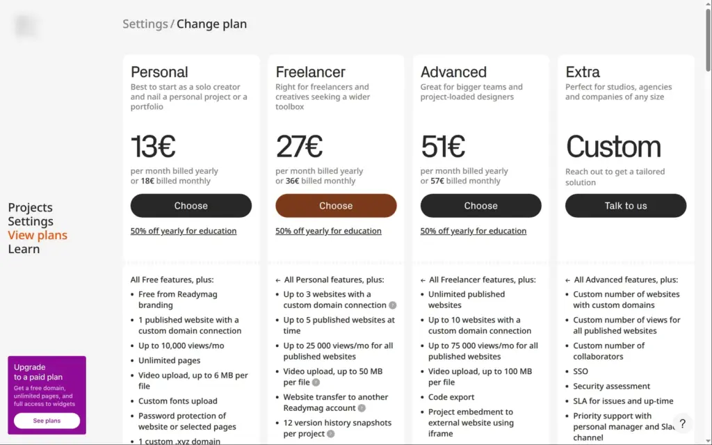 Readymag plan page with Personal at 13 euros, Freelancer at 27 euros and Advanced at 51 euros a month billed yearly