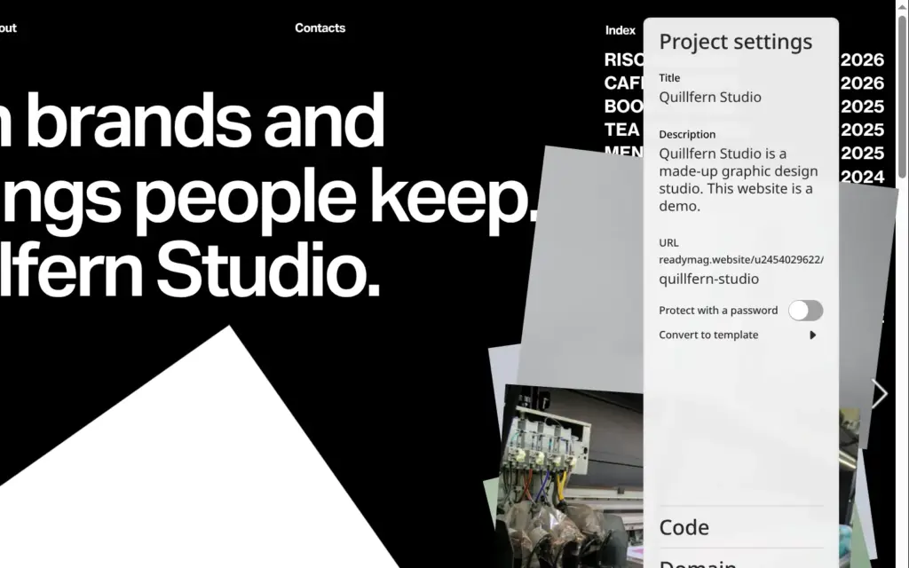 Project settings panel with the title, the description and the readymag.website address