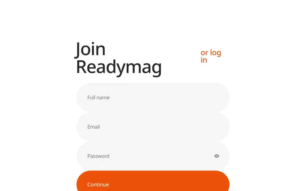 Readymag sign-up form with fields for name, email and password