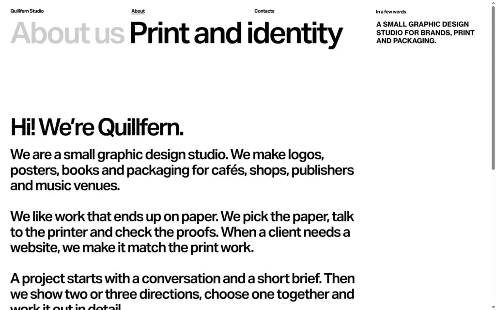 About page of Quillfern Studio with the heading About us Print and identity and three paragraphs of text