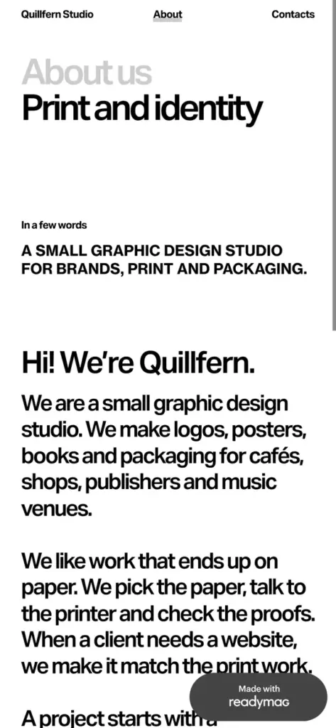 About page on a phone with the heading Print and identity