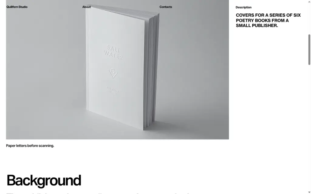 Book cover project page with a photo of a white book with embossed letters