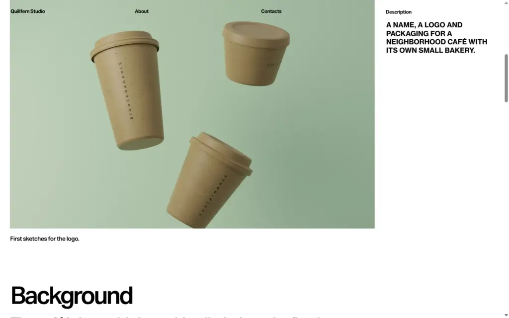 Café identity project page with a photo of three paper cups on a green background