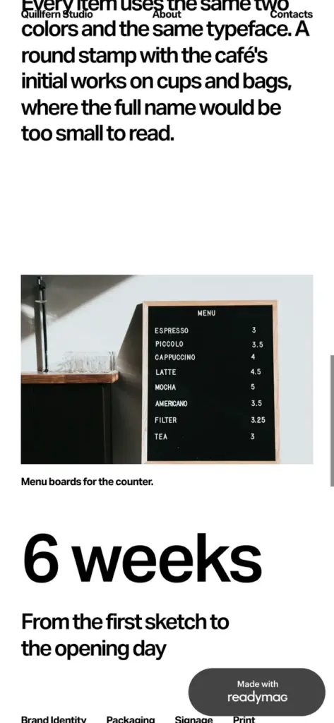 Café project page on a phone with a photo of a menu board