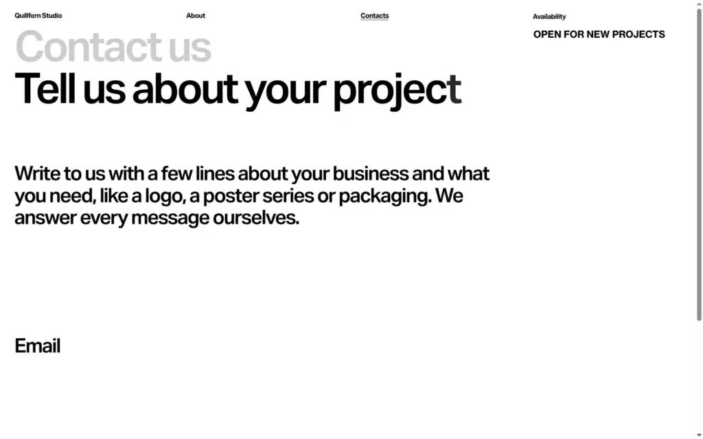 Contact page with the heading Tell us about your project and an Email link