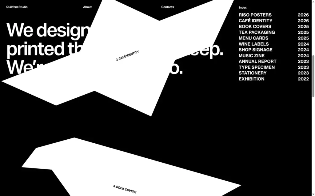 Quillfern Studio home page after scrolling, with white paper shapes over the headline