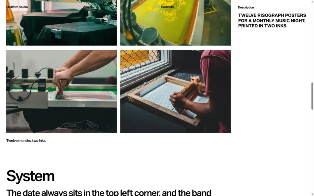 Four photos of screen printing and a printing press on the riso poster project page