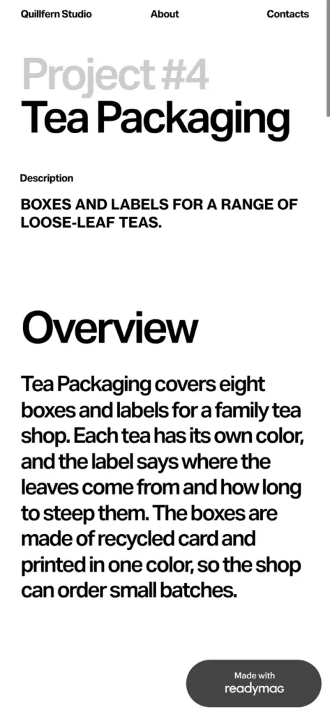 Tea Packaging project page on a phone