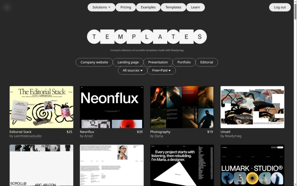 Readymag template gallery with category filters and template previews, some with prices