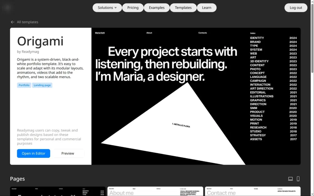 Origami template page with a description and the Open in Editor button