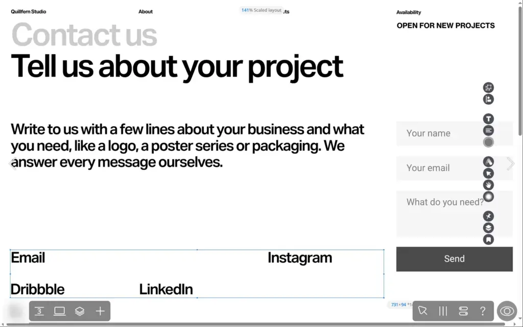 Contact page in the editor with the Email link and template links to Instagram, Dribbble and LinkedIn