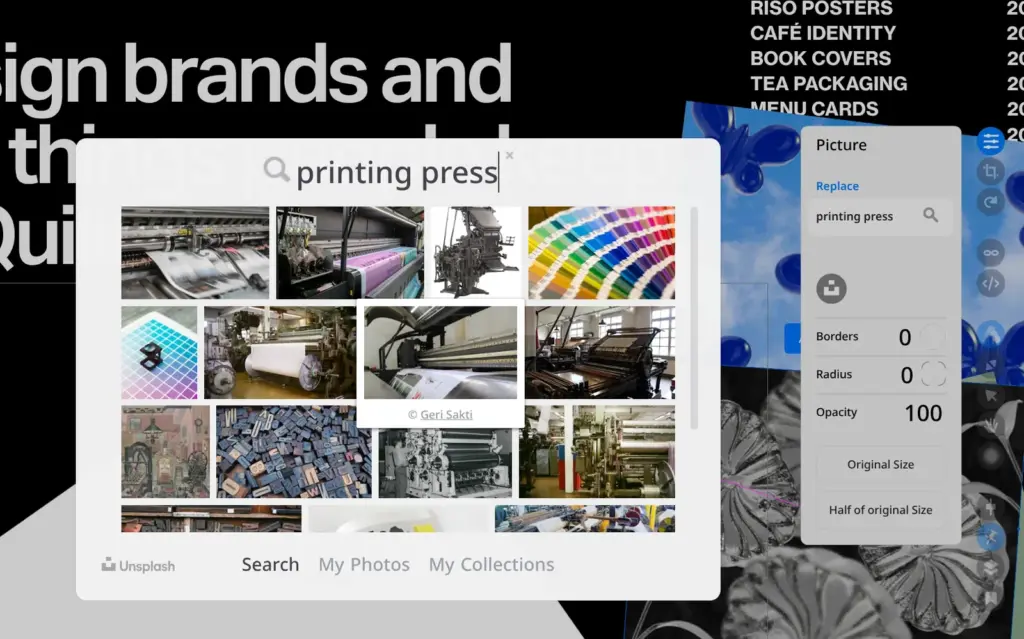 Unsplash photo search results for printing press inside the Readymag picture settings