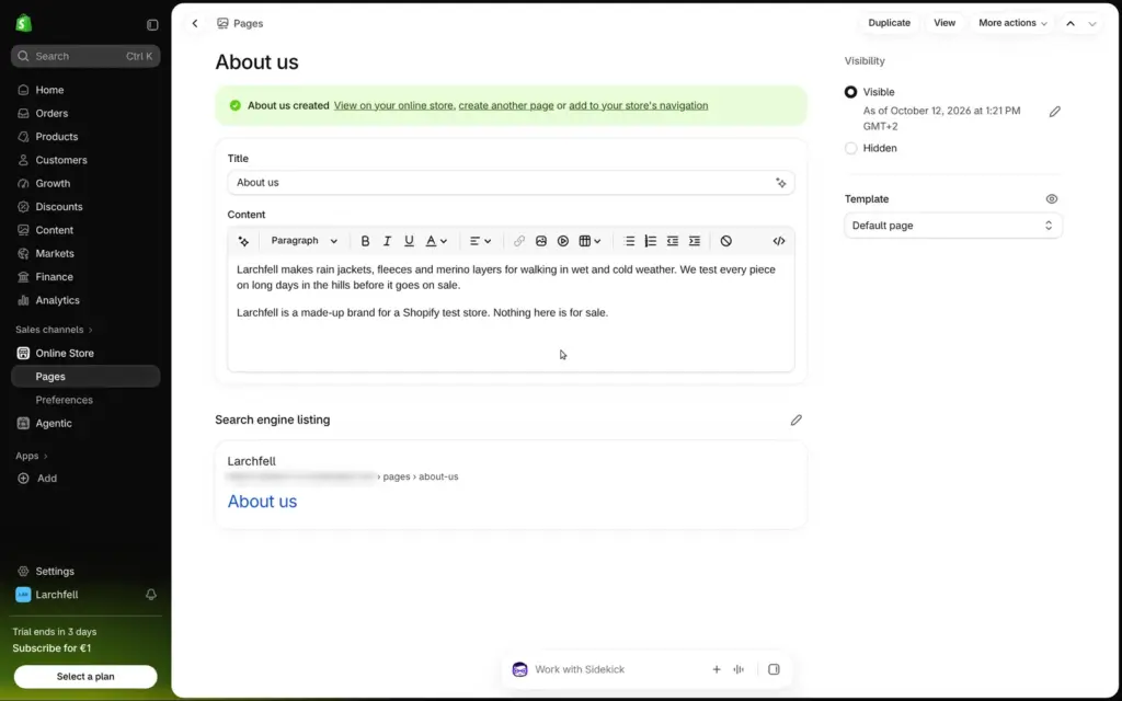 Shopify page editor with the About us page