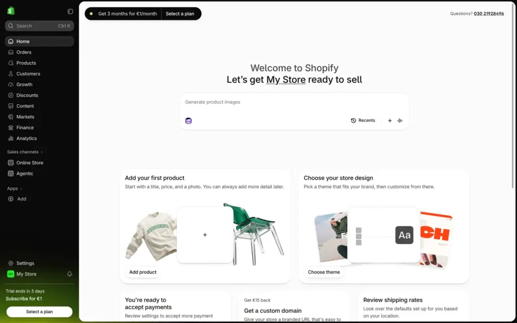 Shopify admin home with first steps like adding a product and choosing a theme