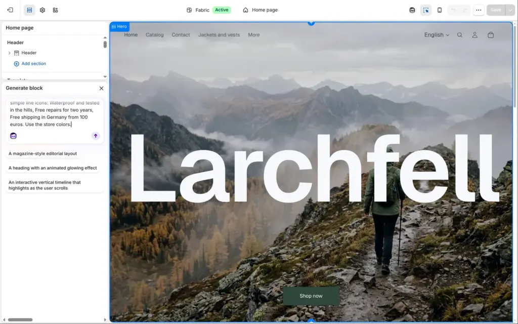 Shopify theme editor panel to generate a block from a description