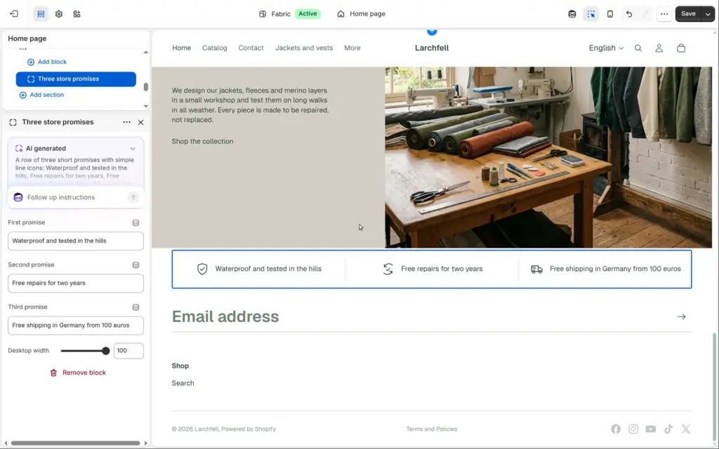 Generated row of three shop promises with icons in the theme editor