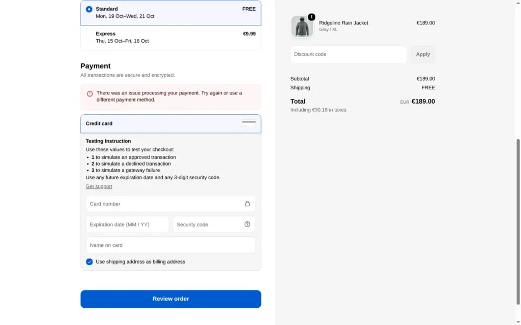 Shopify checkout showing that there was an issue processing the payment