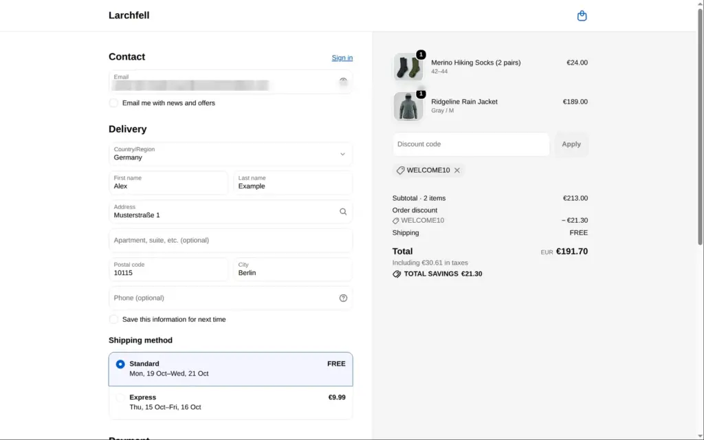 Shopify checkout with address, shipping options and the WELCOME10 discount