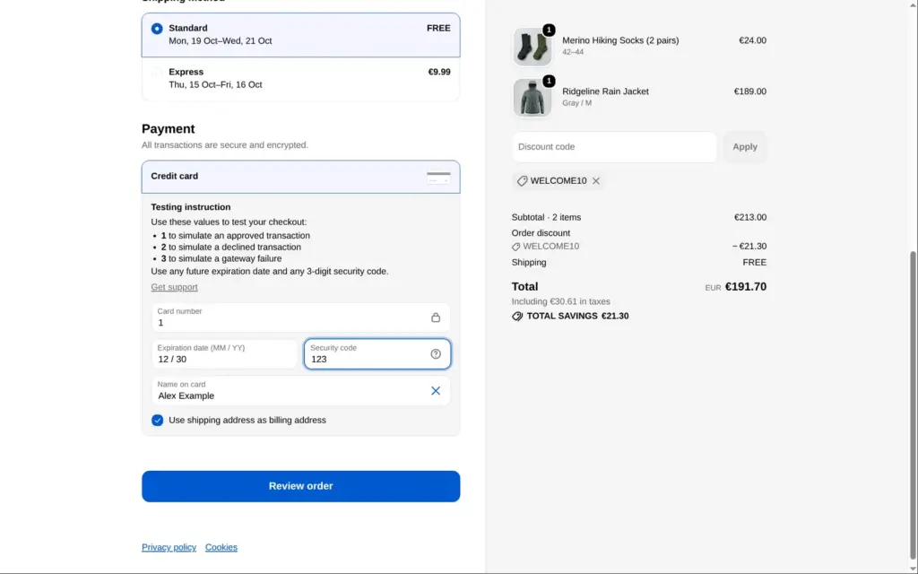 Shopify checkout payment section with test card instructions