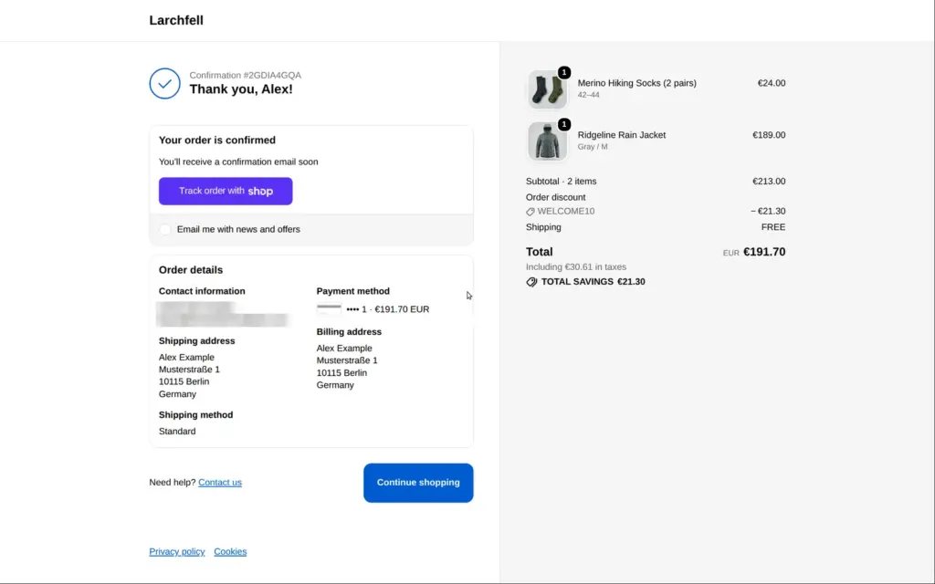 Shopify thank-you page saying the order is confirmed