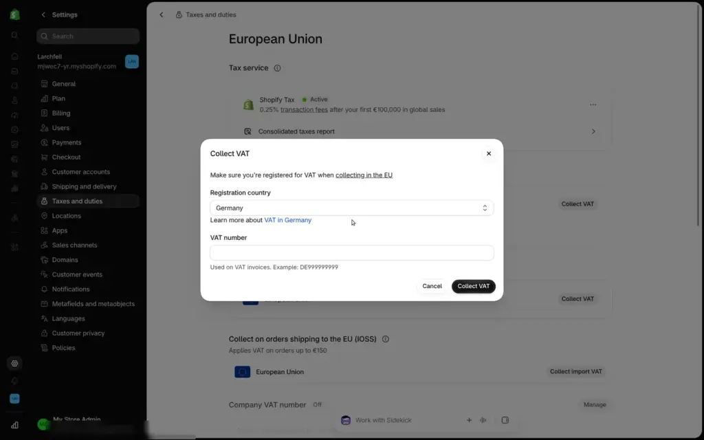 Shopify dialog to collect VAT in Germany with an optional VAT number