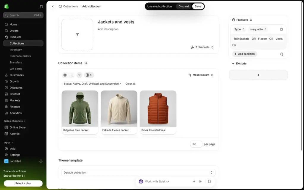 Shopify collection with a rule for product types rain jacket, fleece and vest