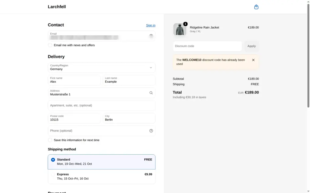 Shopify checkout message that the WELCOME10 discount code has already been used