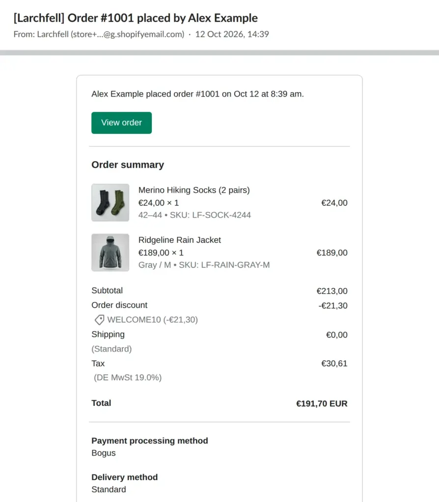 Email to the shop about a new order with SKUs and totals