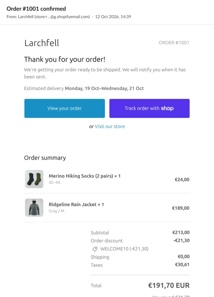 Order confirmation email from Larchfell with products, discount, VAT and total