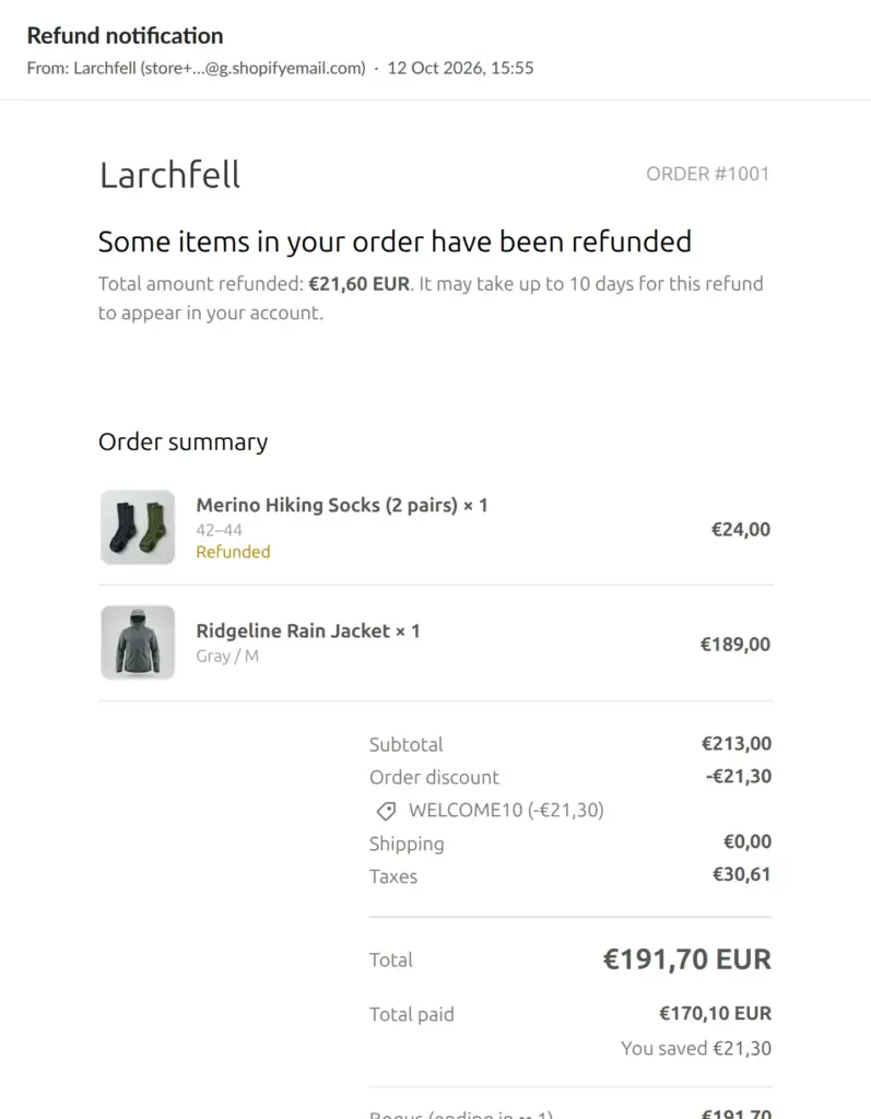 Refund email from Larchfell with the refunded socks