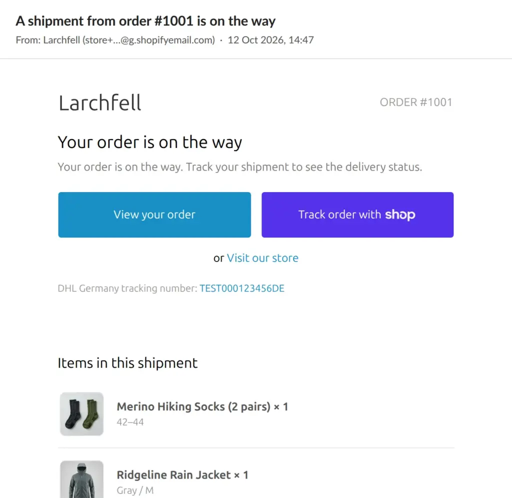 Shipping email from Larchfell with the tracking number