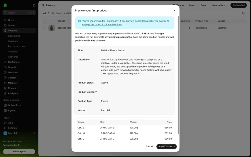 Shopify import preview with the first product, its variants, SKUs, weights and prices