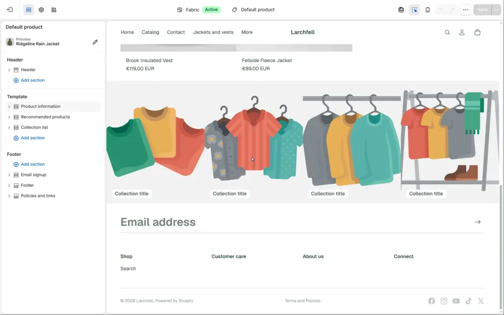 Shopify theme editor showing four tiles called Collection title on the product page