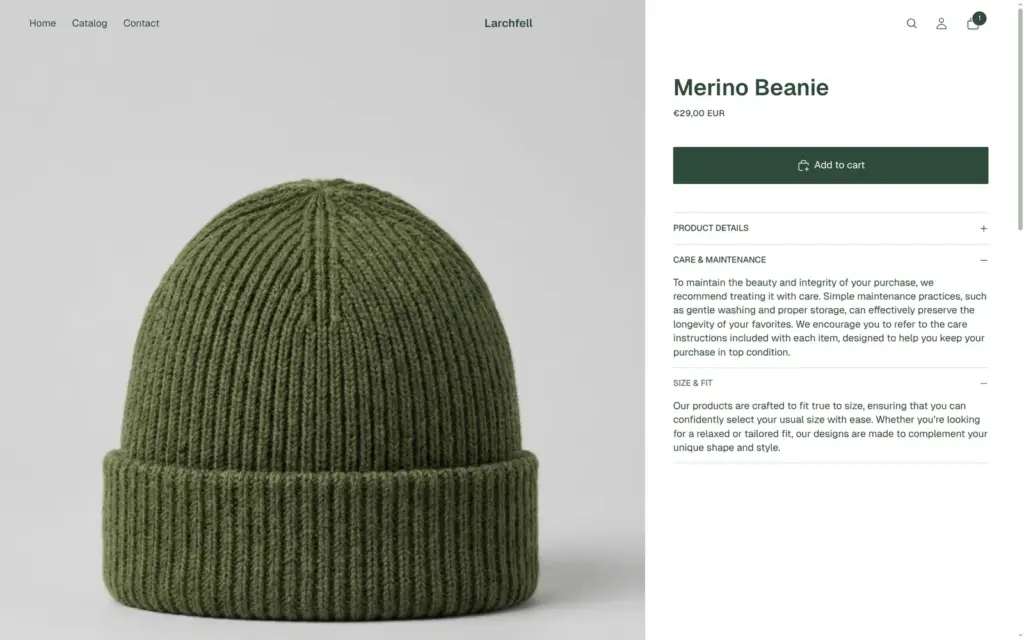 Beanie product page with demo text that promises products fit true to size
