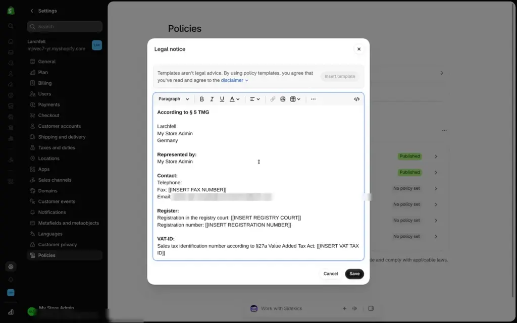 Shopify legal notice template with placeholders for the registry court and VAT ID