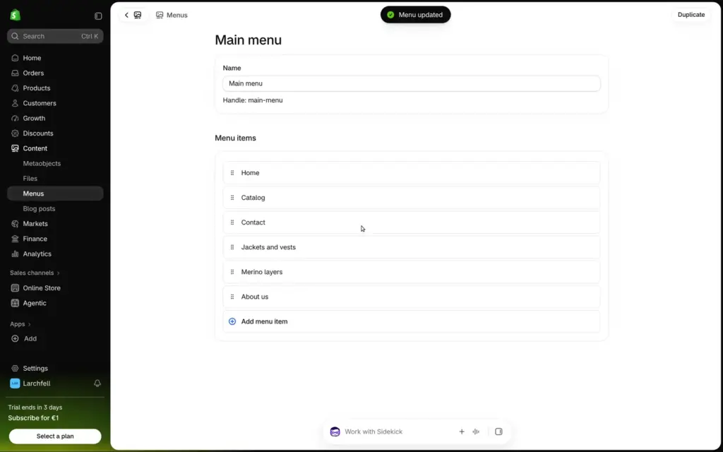 Shopify menu editor with six links