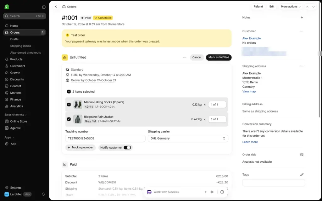 Shopify fulfilment form with tracking number, DHL Germany and Notify customer