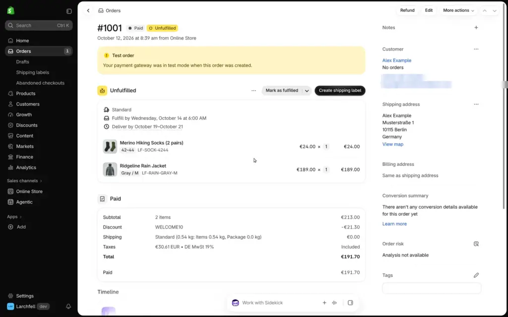 Shopify order page, paid and unfulfilled, marked as a test order