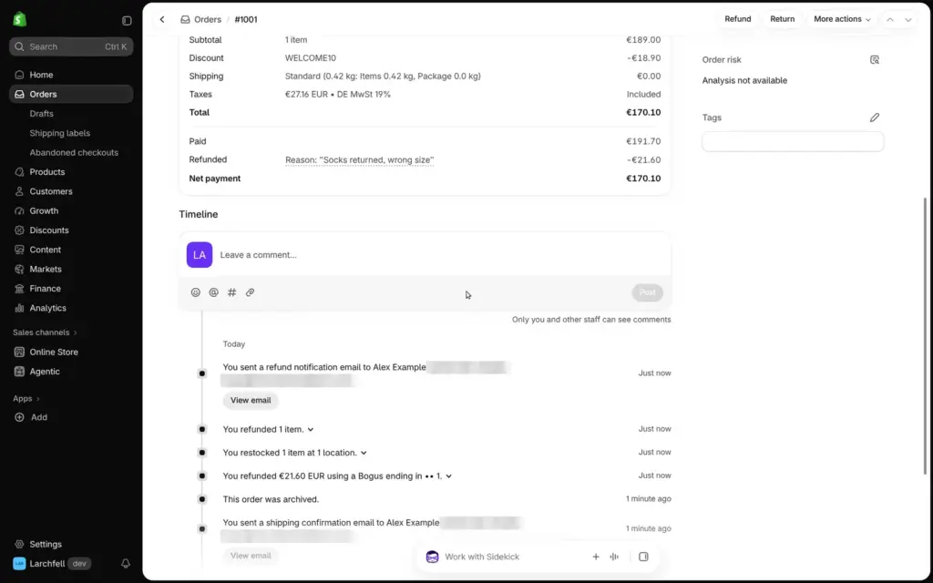 Shopify order timeline after the refund