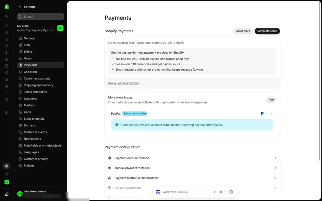 Shopify payment settings with Shopify Payments and PayPal setup incomplete
