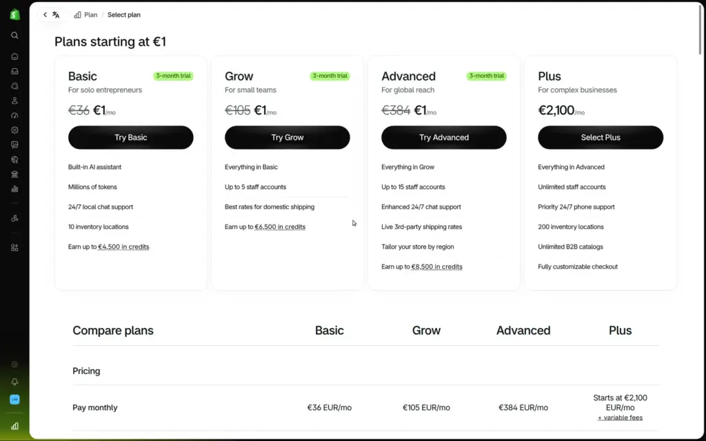 Shopify plan picker with the first three months for one euro